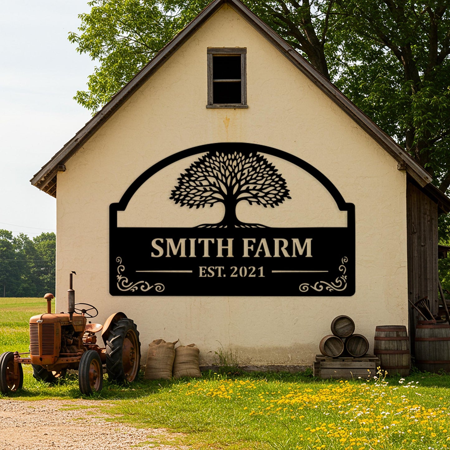 Custom Farm Name Metal Sign, Barn Tree of Life Decor, Outdoor Family Name Sign, Rustic Country Home Decor, Farmhouse Sign, Farmer Gifts