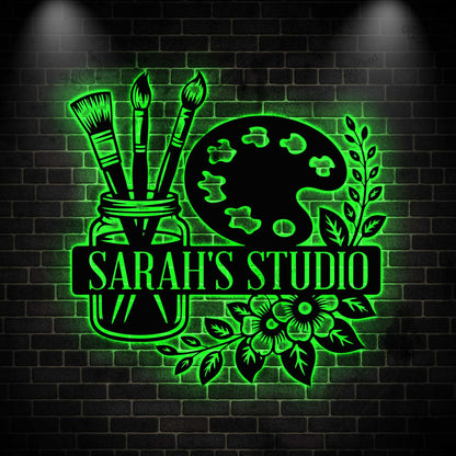 Personalized Art Studio Metal Sign with LED Light: Custom Painter Gift