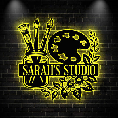 Personalized Art Studio Metal Sign with LED Light: Custom Painter Gift
