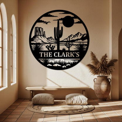 Desert Sunset Family Sign, Custom Metal Wall Art, Ranch Entryway Decor, Cactus Scene Wall Decor, Country Home Sign, Personalized Gifts