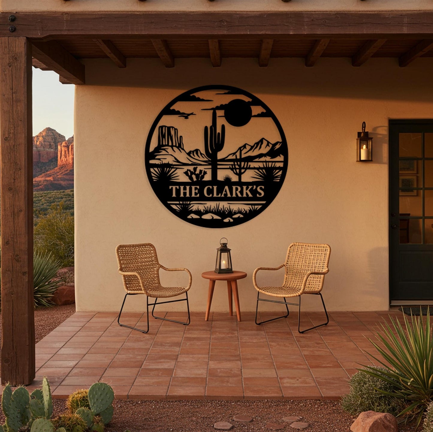 Desert Sunset Family Sign, Custom Metal Wall Art, Ranch Entryway Decor, Cactus Scene Wall Decor, Country Home Sign, Personalized Gifts