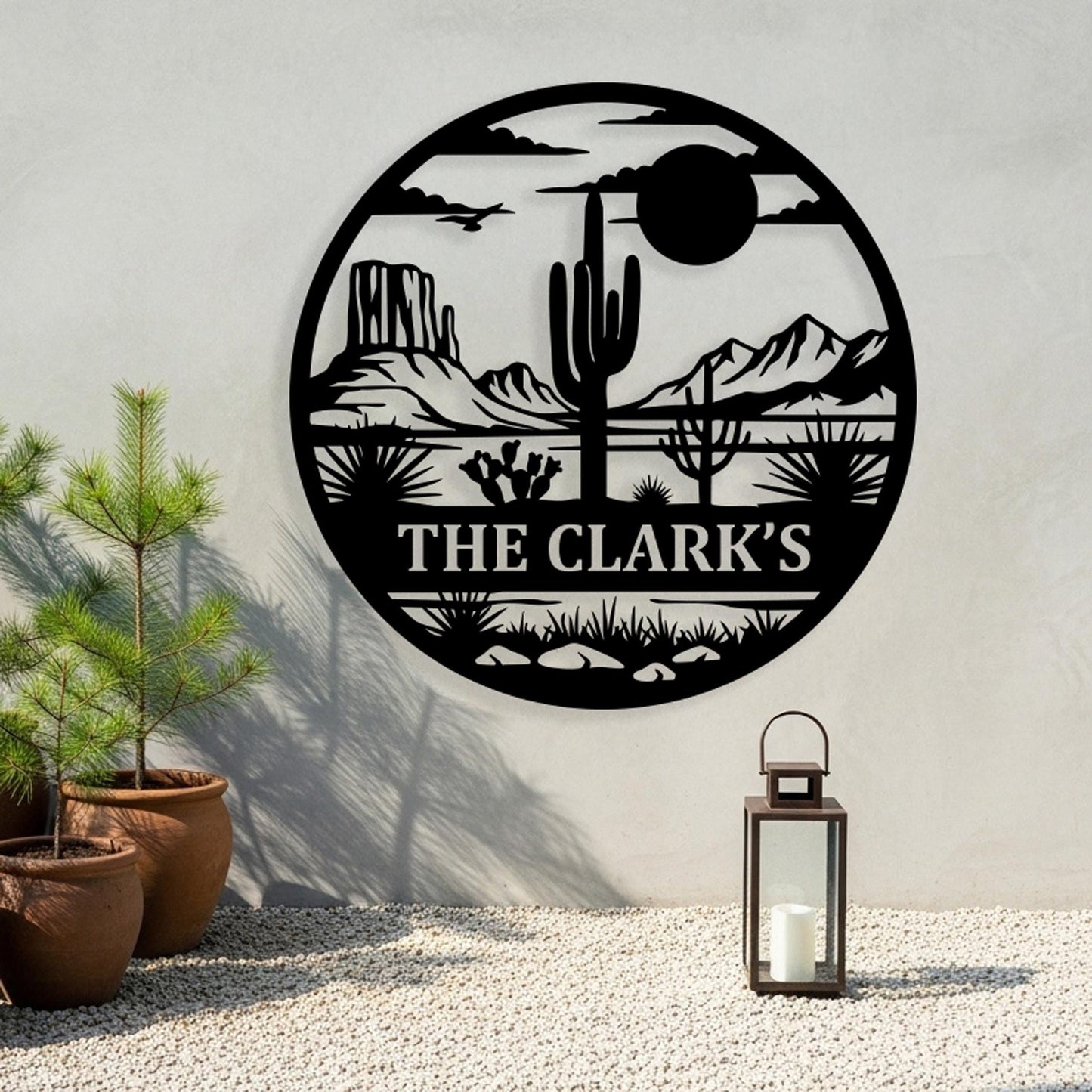 Desert Sunset Family Sign, Custom Metal Wall Art, Ranch Entryway Decor, Cactus Scene Wall Decor, Country Home Sign, Personalized Gifts