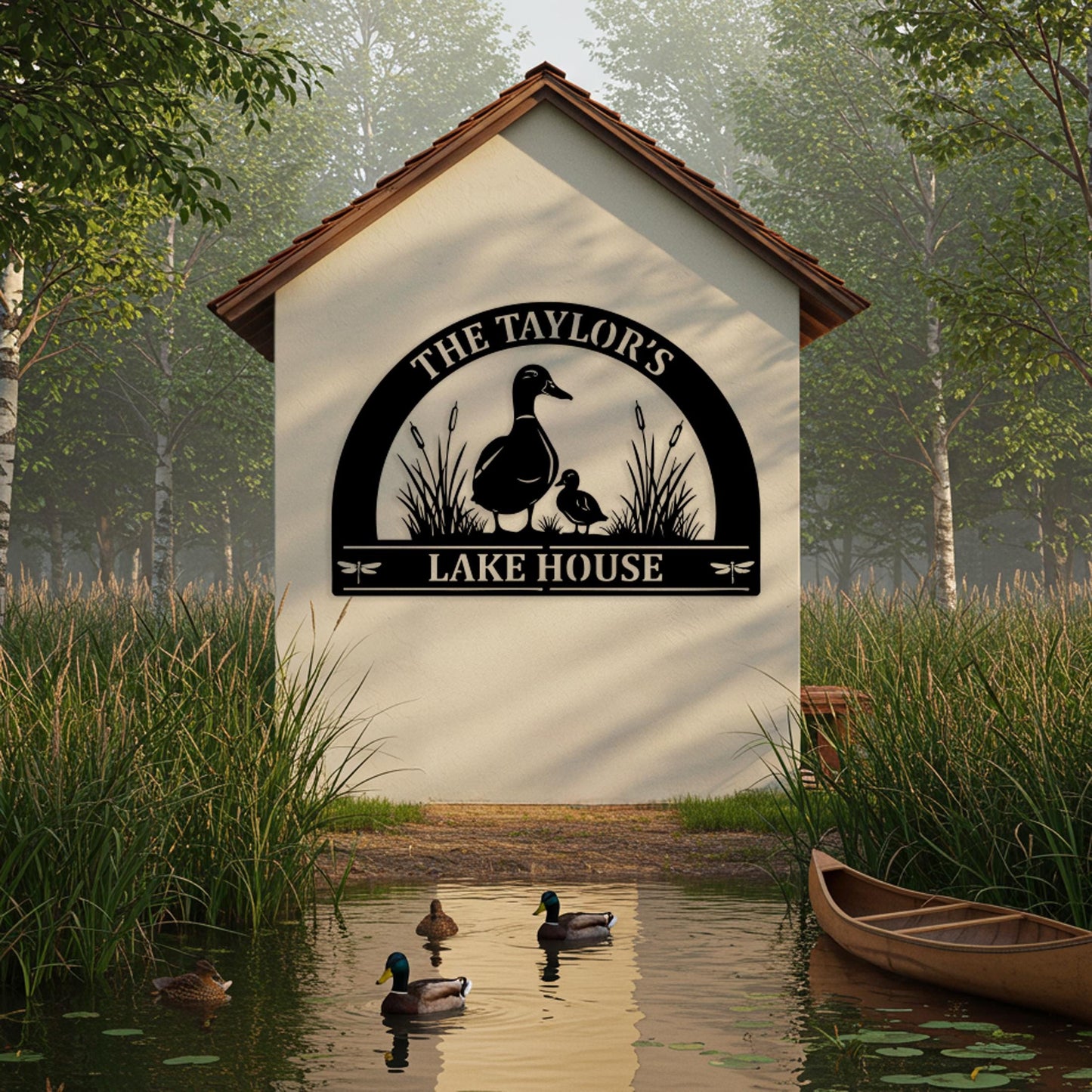 Custom Lake House Metal Sign, Personalized Outdoor Cabin Wall Decor, Front Porch Decor, Gifts for Nature Lovers, Entryway Duck House Sign