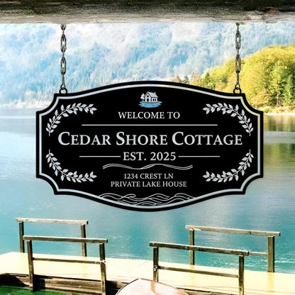 Custom Lake House Metal Sign - Personalized Cottage Name Plaque with Address for Cabin or Retreat