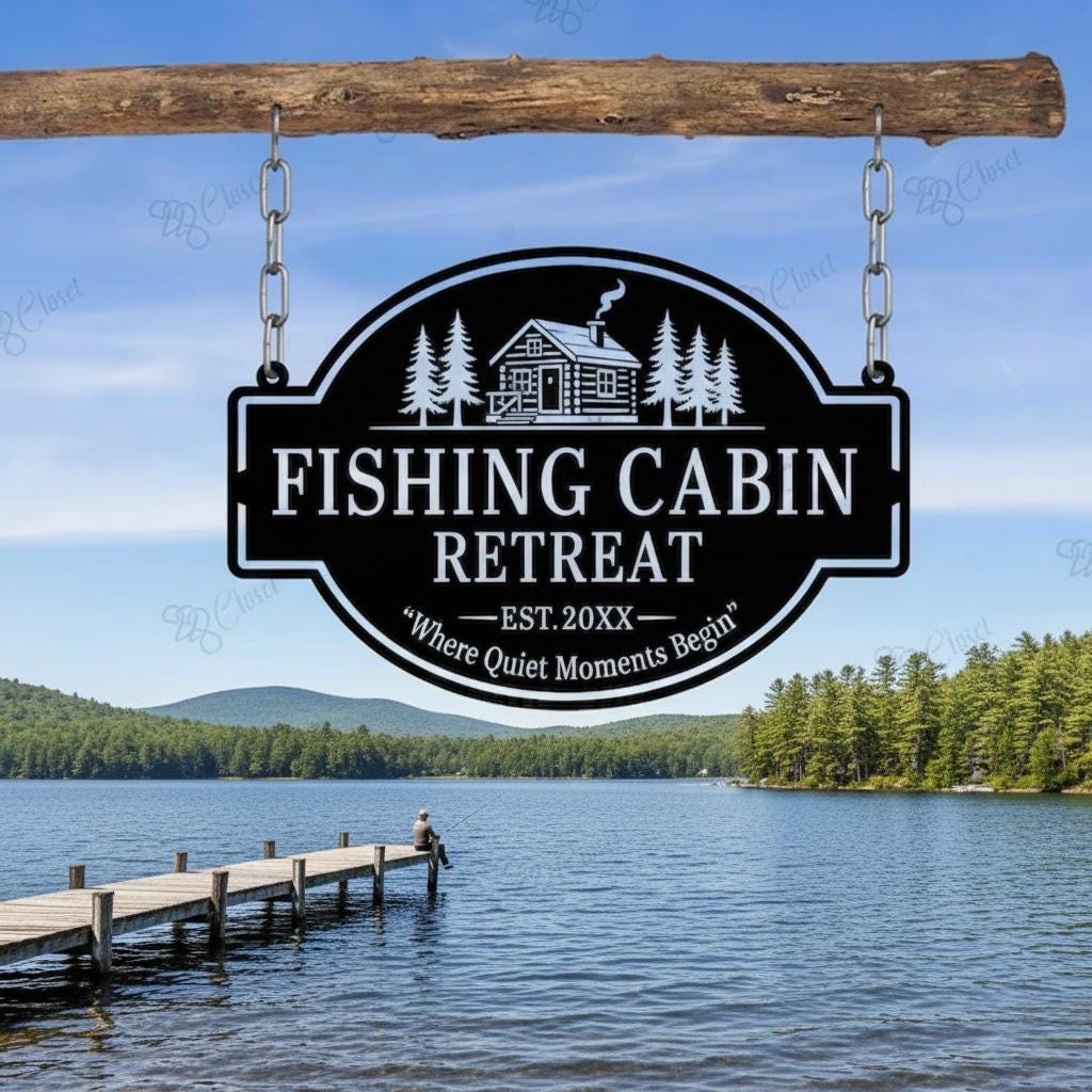 Fishing Cabin Retreat Sign, Custom Cabin Metal Sign, Personalized Lake House Decor, Rustic Outdoor Sign