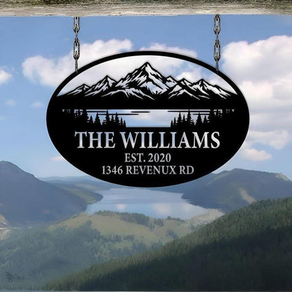 Personalized Family Metal Sign | Custom Mountain Lake Address Sign | Outdoor Hanging Home Decor