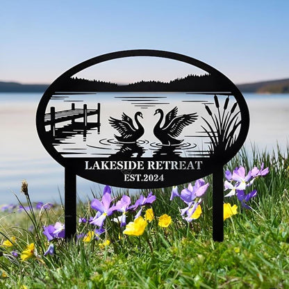 Personalized Lakeside Metal Sign | Custom Swan Lake Garden Stake | Rustic Lake House Decor