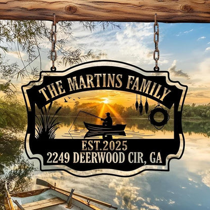 Personalized Family Metal Sign | Custom Fishing Lake Address Sign | Outdoor Hanging Home Decor