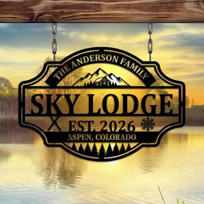 Personalized Ski Lodge Metal Sign Custom Family Name Mountain Cabin Wall Decor Outdoor Gift