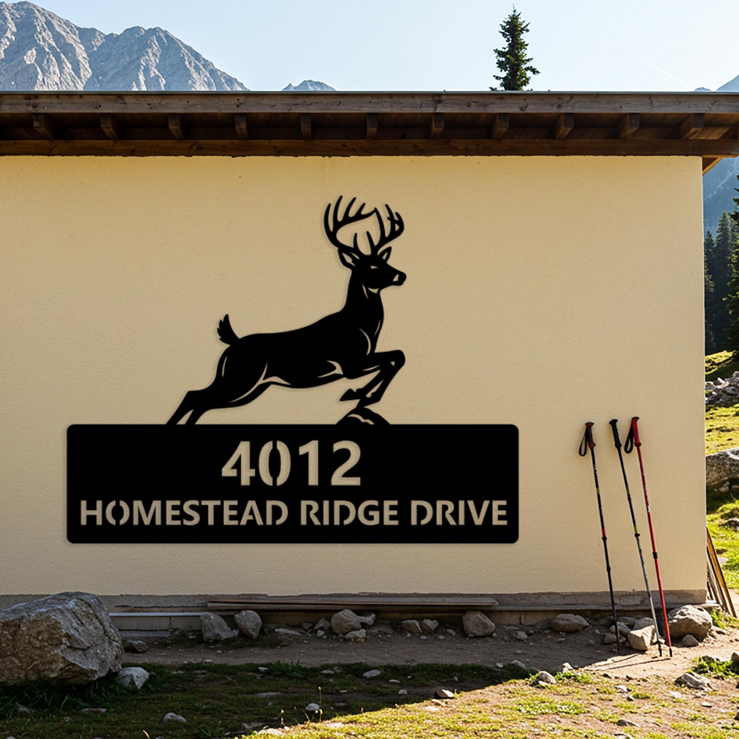 Deer Address Metal Sign, Custom House Number Sign, Large Outdoor Wall Decor, Rustic Outdoor Driveway Plaque, Country Home Address Sign