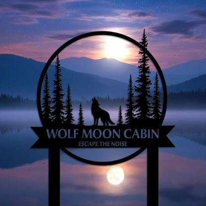 Wolf Moon Cabin Metal Sign, Personalized Rustic Lodge Decor, Custom Outdoor Nature Yard Stake Gift