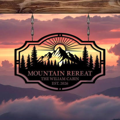 Custom Mountain Retreat Metal Sign, Rustic Cabin Decor, Personalized Lodge Outdoor Forest Name Plaque