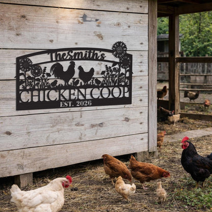 Personalized Chicken Coop Metal Sign with Sunflowers, Custom Farmhouse Decor, Rustic Backyard Farm Sign Gift