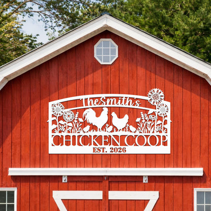 Personalized Chicken Coop Metal Sign with Sunflowers, Custom Farmhouse Decor, Rustic Backyard Farm Sign Gift
