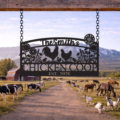 Personalized Chicken Coop Metal Sign with Sunflowers, Custom Farmhouse Decor, Rustic Backyard Farm Sign Gift