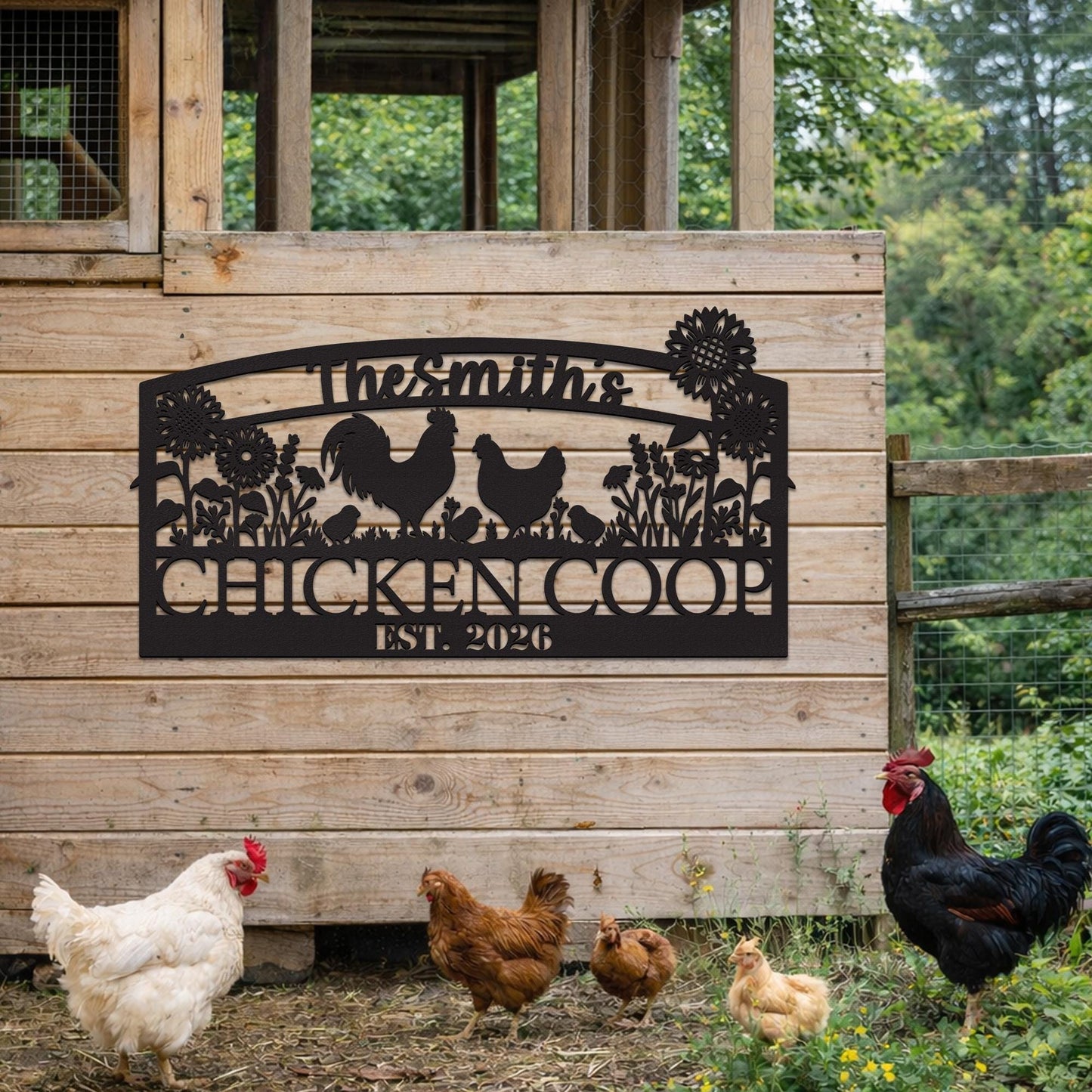 Personalized Chicken Coop Metal Sign with Sunflowers, Custom Farmhouse Decor, Rustic Backyard Farm Sign Gift