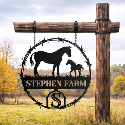 Personalized Horse Ranch Metal Sign, Custom Farm Name Wall Decor, Rustic Western Barn Equestrian Gift