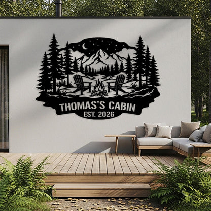 Cabin Custom Metal Sign, Personalized Name Sign, Mountain House Wall Art, Outdoor Camp Firepit Sign, Rustic Lodge Decor, Lake House Sign