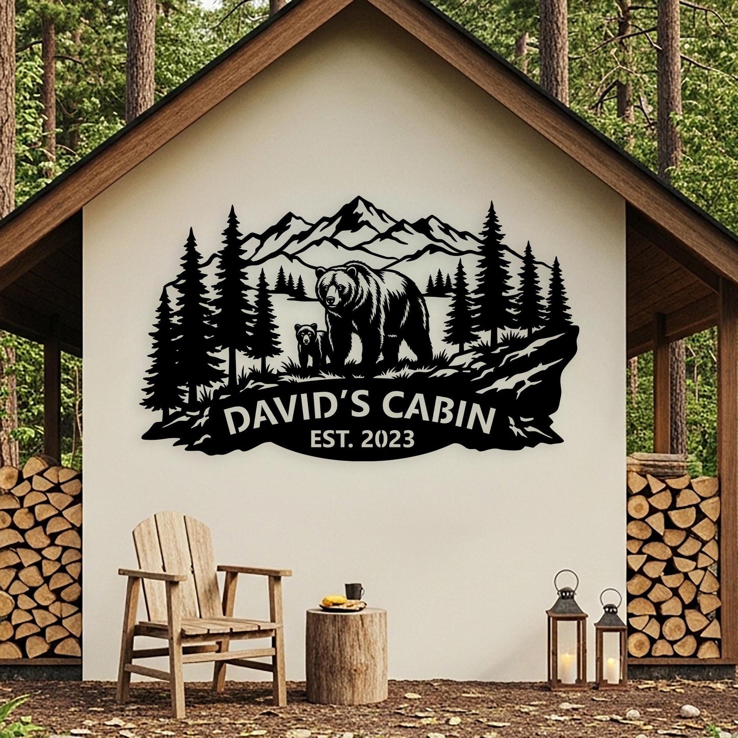 Custom Bear Family Sign, Personalized Cabin Sign, Mountain Forest Wall Art, Outdoor Country House Decor, Rustic Lodge Sign, Bear Lover Gifts