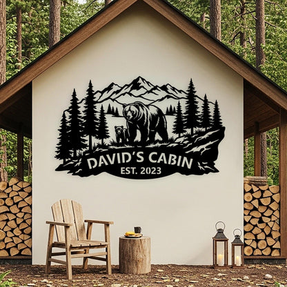 Custom Bear Family Sign, Personalized Cabin Sign, Mountain Forest Wall Art, Outdoor Country House Decor, Rustic Lodge Sign, Bear Lover Gifts