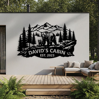 Custom Bear Family Sign, Personalized Cabin Sign, Mountain Forest Wall Art, Outdoor Country House Decor, Rustic Lodge Sign, Bear Lover Gifts