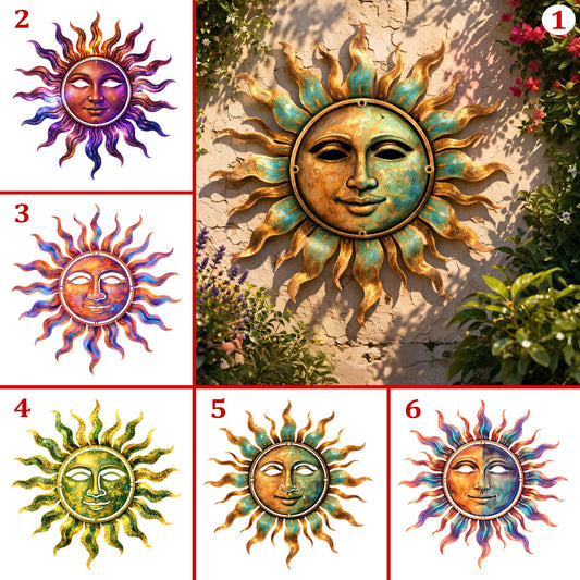 Colorful Sun Wall Art Outdoor Decor, Rustic Garden Sun Face Sculpture, Patio Wall Hanging, Vintage Celestial Wall Decor