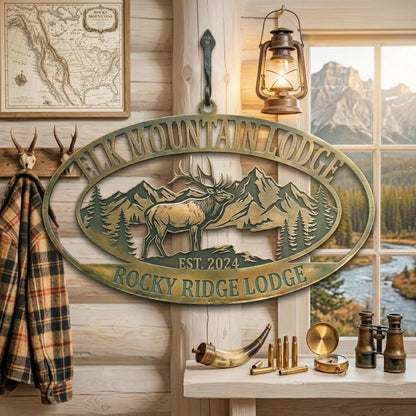 Personalized Elk Mountain Lodge Metal Sign, Custom Cabin Name Wall Art, Rustic Deer Mountain Decor, Hunting Lodge Sign Est Date