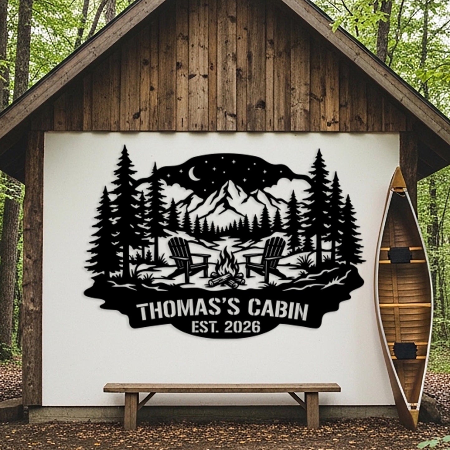 Cabin Custom Metal Sign, Personalized Name Sign, Mountain House Wall Art, Outdoor Camp Firepit Sign, Rustic Lodge Decor, Lake House Sign