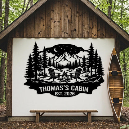 Cabin Custom Metal Sign, Personalized Name Sign, Mountain House Wall Art, Outdoor Camp Firepit Sign, Rustic Lodge Decor, Lake House Sign