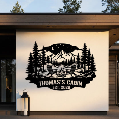 Cabin Custom Metal Sign, Personalized Name Sign, Mountain House Wall Art, Outdoor Camp Firepit Sign, Rustic Lodge Decor, Lake House Sign