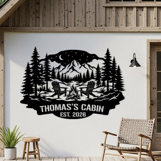 Cabin Custom Metal Sign, Personalized Name Sign, Mountain House Wall Art, Outdoor Camp Firepit Sign, Rustic Lodge Decor, Lake House Sign
