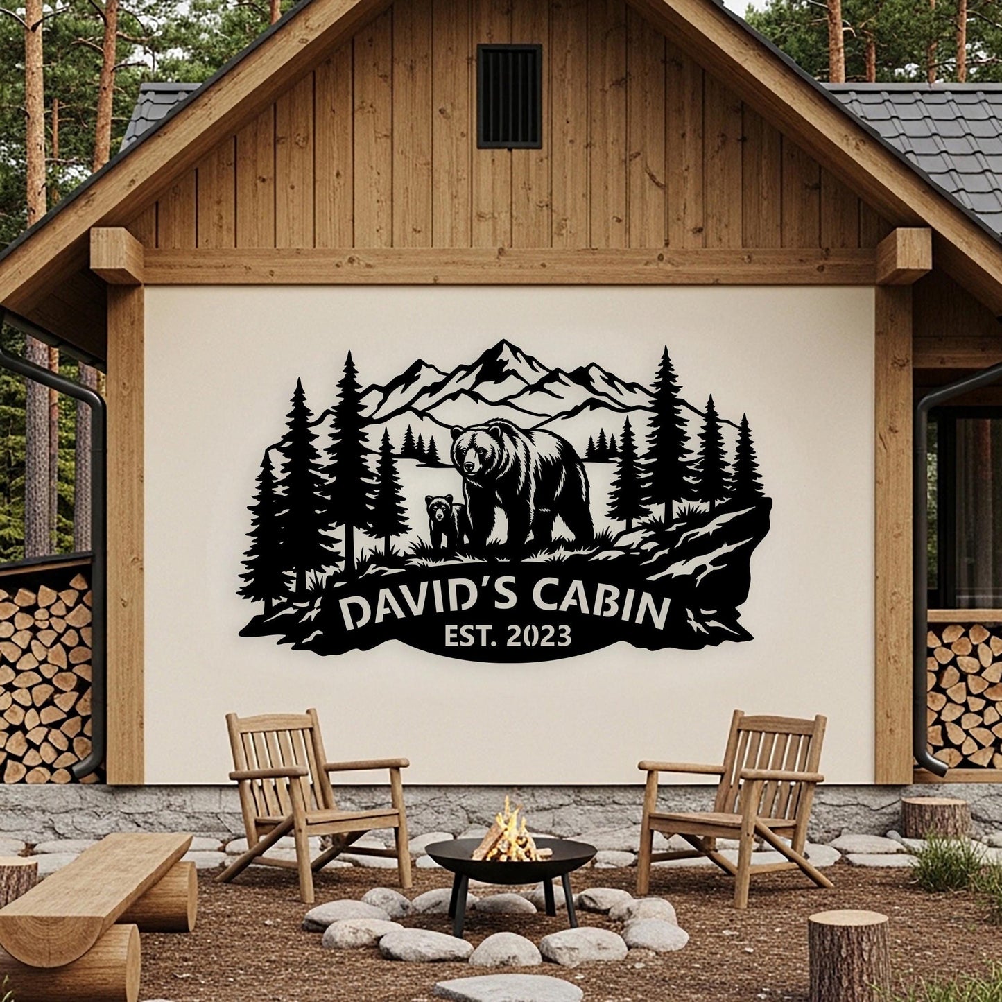Custom Bear Family Sign, Personalized Cabin Sign, Mountain Forest Wall Art, Outdoor Country House Decor, Rustic Lodge Sign, Bear Lover Gifts