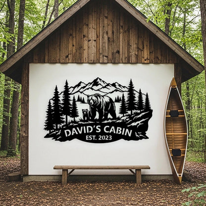 Custom Bear Family Sign, Personalized Cabin Sign, Mountain Forest Wall Art, Outdoor Country House Decor, Rustic Lodge Sign, Bear Lover Gifts