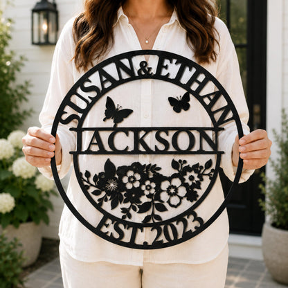 Personalized Family Name Metal Sign, Floral Wreath, Anniversary Gift