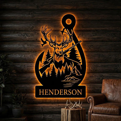 Personalized LED Hunting Sign, Deer Hunter Metal Wall Art, Custom Rustic Cabin Lodge Decor for Men