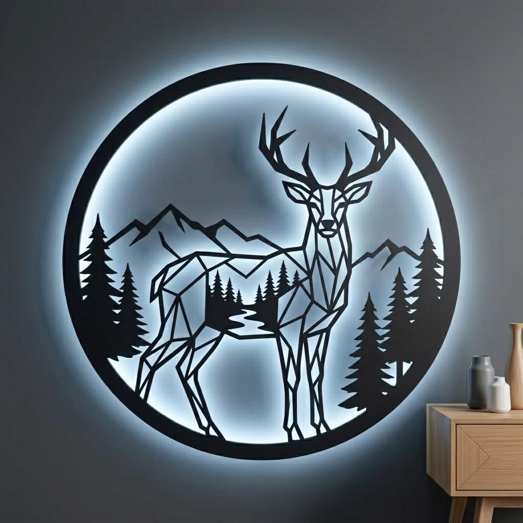 LED Deer Metal Wall Art, Geometric Buck Forest Decor, Modern Rustic Cabin Wildlife Wall Sculpture