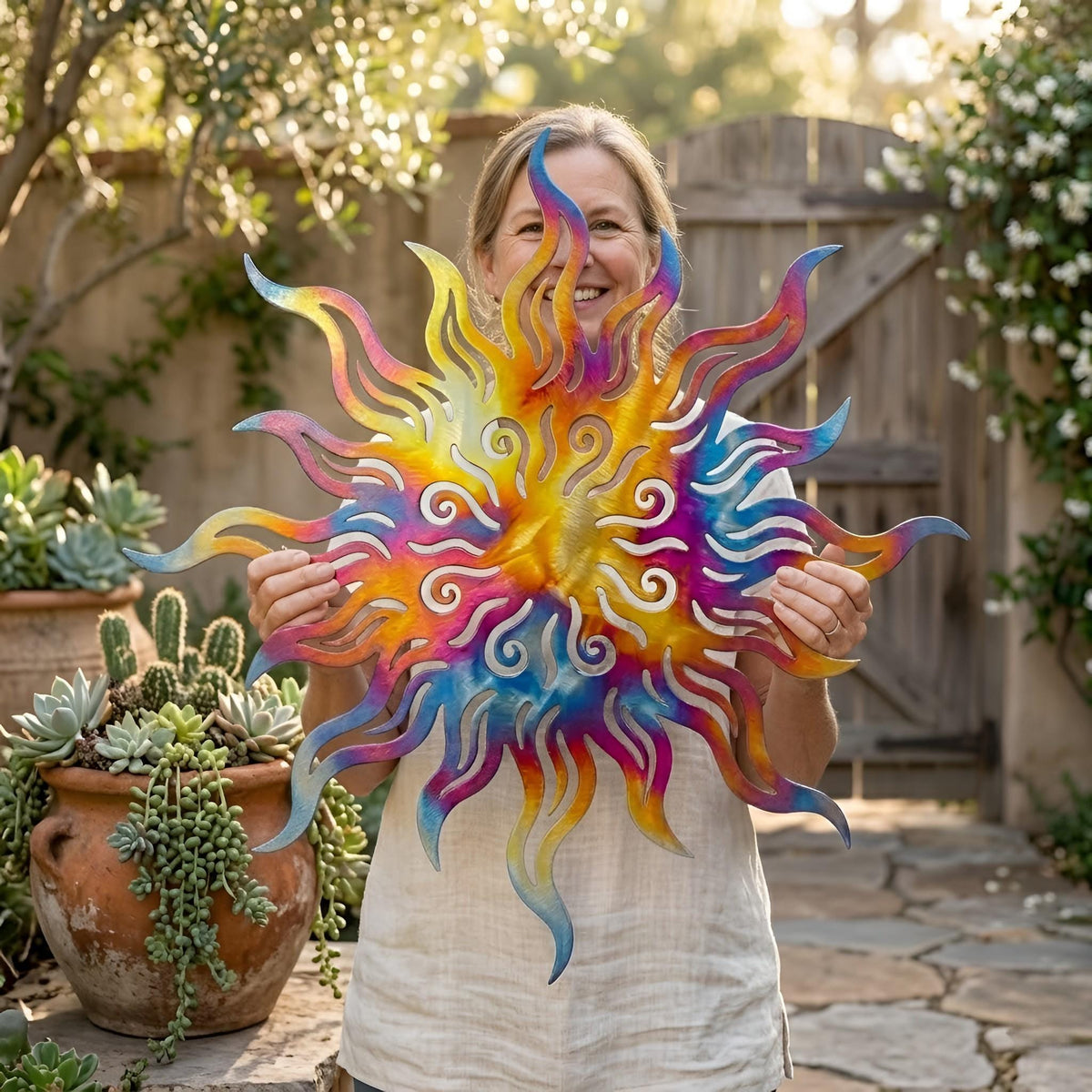 Sun Metal Wall Art, Southwestern Yard Ornament,Celestial Outdoor Decor, Large Sunburst Sculpture for Patio,  Boho Decor Gift