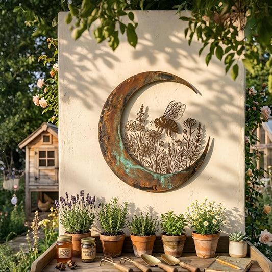 Bee and Wildflower Garden Decor,Patina Moon Sign, Metal Crescent Moon Wall Art, Boho Decor,Floral Bee Metal Art, Botanical Garden Decor