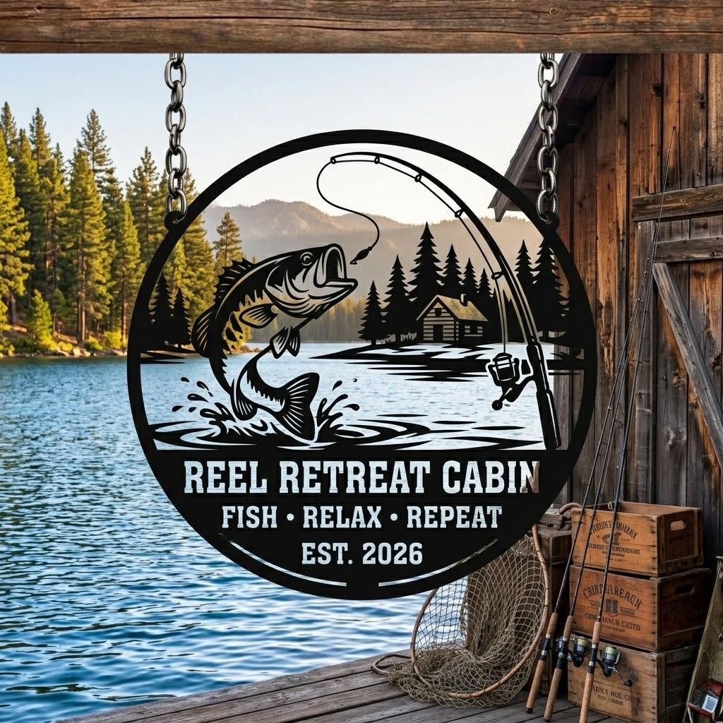 Fishing Cabin Metal Sign, Personalized Lake House Decor, Bass Fishing Wall Art, Rustic Lodge Sign, Fisherman Gift
