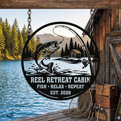 Fishing Cabin Metal Sign, Personalized Lake House Decor, Bass Fishing Wall Art, Rustic Lodge Sign, Fisherman Gift