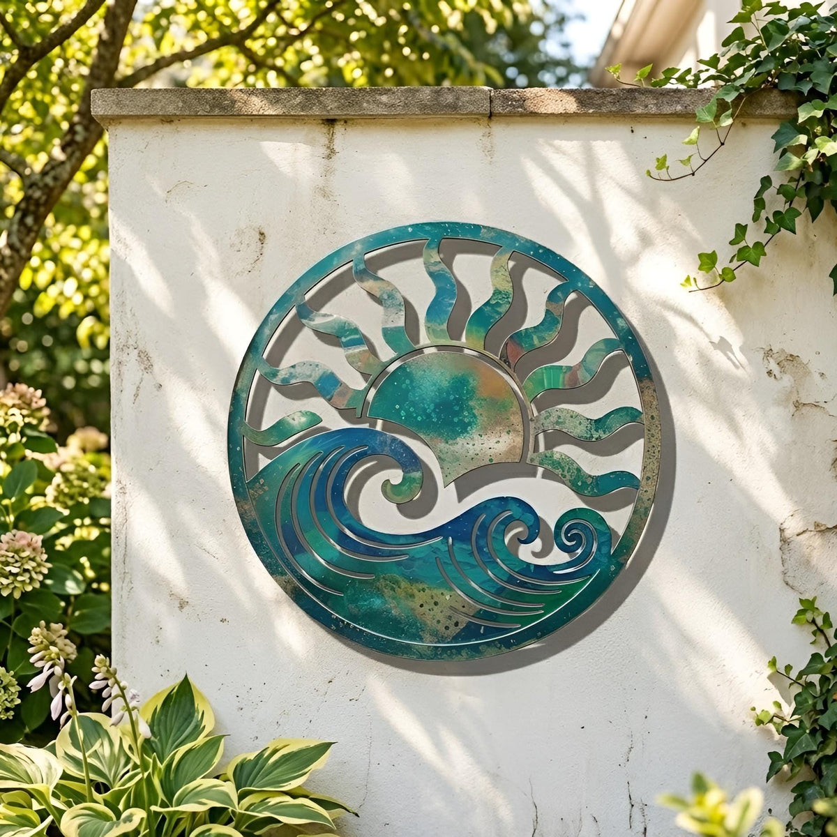 Sun and Wave Metal Wall Art, Coastal Ocean Decor, Beach House Patio Accent, Round Sea Wall Hanging Gift