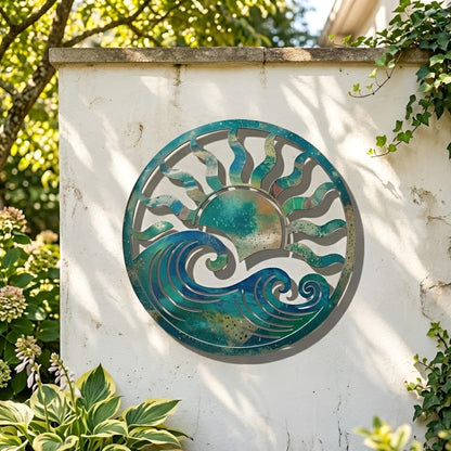 Sun and Wave Metal Wall Art, Coastal Ocean Decor, Beach House Patio Accent, Round Sea Wall Hanging Gift
