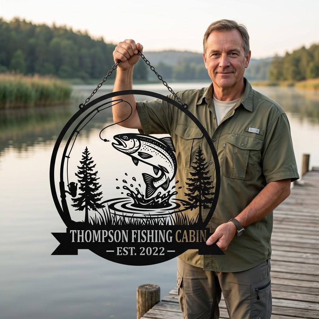 Thompson Fishing Cabin Sign, Personalized Metal Wall Art, Lakehouse or Outdoor Retreat Decor