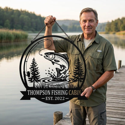 Thompson Fishing Cabin Sign, Personalized Metal Wall Art, Lakehouse or Outdoor Retreat Decor
