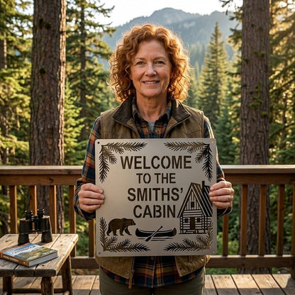 Custom Cabin Metal Sign, Personalized Family Cabin Wall Art, Bear Canoe Lodge Decor, Rustic Welcome Outdoor Sign