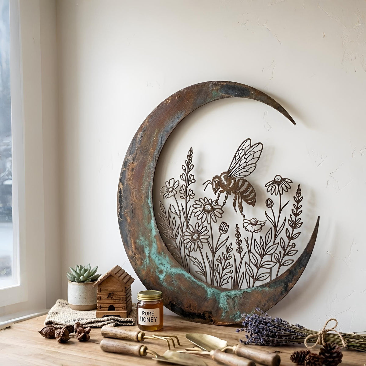 Bee and Wildflower Garden Decor,Patina Moon Sign, Metal Crescent Moon Wall Art, Boho Decor,Floral Bee Metal Art, Botanical Garden Decor