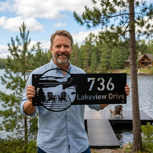 Personalized Lake House Address Sign, Metal House Number Plaque,Lakehouse Number Sign, Lake House Wall Decor, Outdoor Cabin Entry Sign