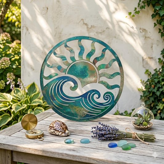 Sun and Wave Metal Wall Art, Coastal Ocean Decor, Beach House Patio Accent, Round Sea Wall Hanging Gift