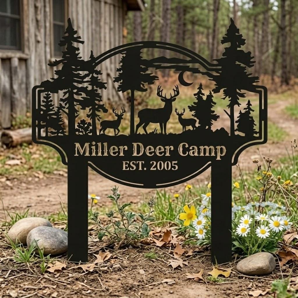 Custom Metal Deer Camp Sign, Rustic Hunting Lodge Decor, Personalized Cabin Outdoor Sign, Forest Wildlife Wall Art
