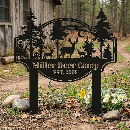 Custom Metal Deer Camp Sign, Rustic Hunting Lodge Decor, Personalized Cabin Outdoor Sign, Forest Wildlife Wall Art